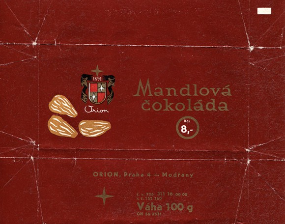 Chocolate with almonds, 100g, about 1980, Orion,  Praha, Czech Republic