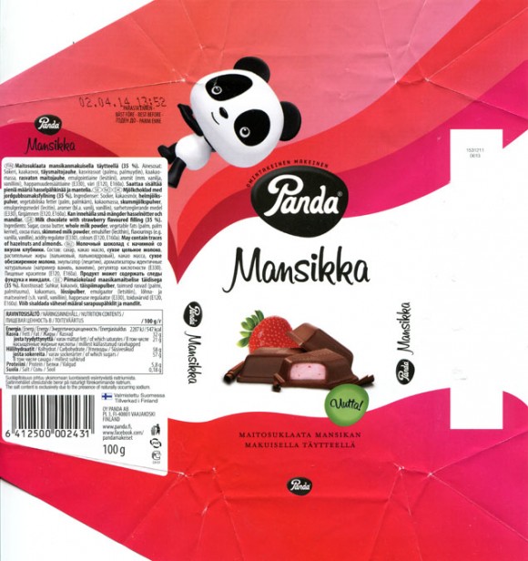Milk chocolate with strawberry flavoured filling, 100g, 02.04.2013, Panda chocolate factory, Vaajakoski, Finland
