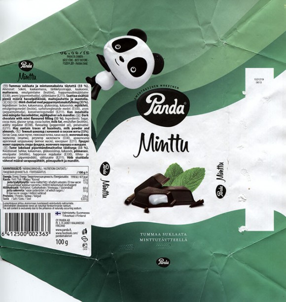 Dark chocolate with mint flavoured filling, 100g, 06.08.2014, Panda chocolate factory, Vaajakoski, Finland