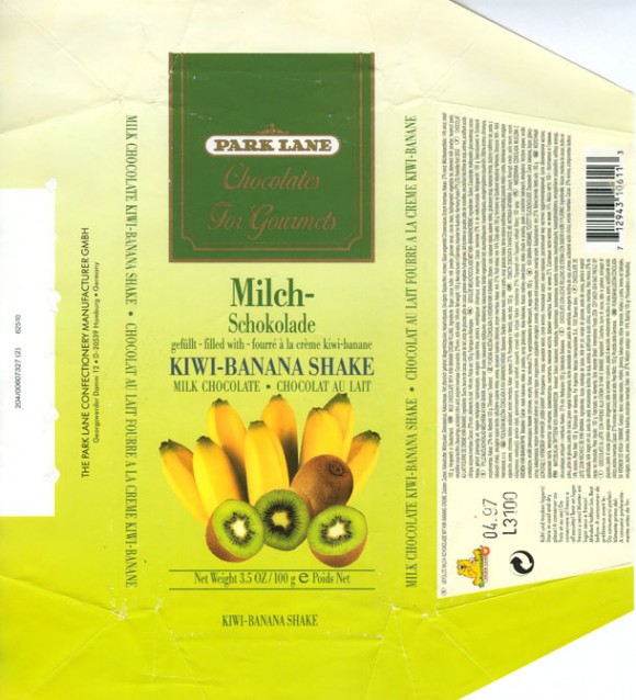 Milk chocolate with kiwi-banana cream filling, 100g, 04.1996, Park Lane Confectionery manufacturer GmbH, Hamburg, Germany