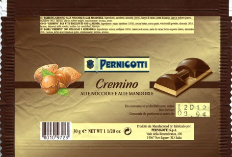 Cremino, chocolate with hazelnuts and almonds cream filling, 30g, 09.2003, Pernigotti S.p.A., Novi Ligure, Italy