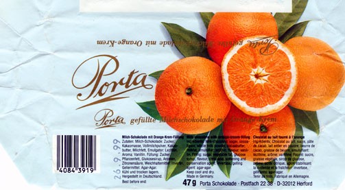 Porta, milk chocolate with orange-cream-filling, 47g, 26.09.1999
Porta Schokolade, Postfach 22 38, D-32012 Herford
