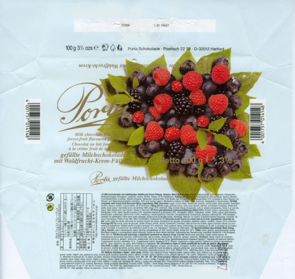 Porta, milk chocolate with forest-fruit flavoured filling, 100g, 04.2006, Porta Schokolade, Postfach 22 38, D-32012 Herford, Germany
