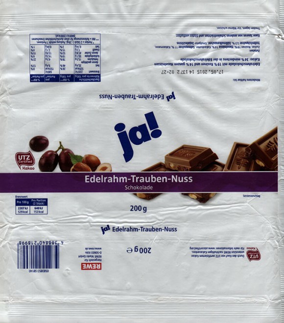Ja!, milk chocolate with nuts, 200g, 17.05.2014, made for REWE Markt GmbH, Koln, Germany