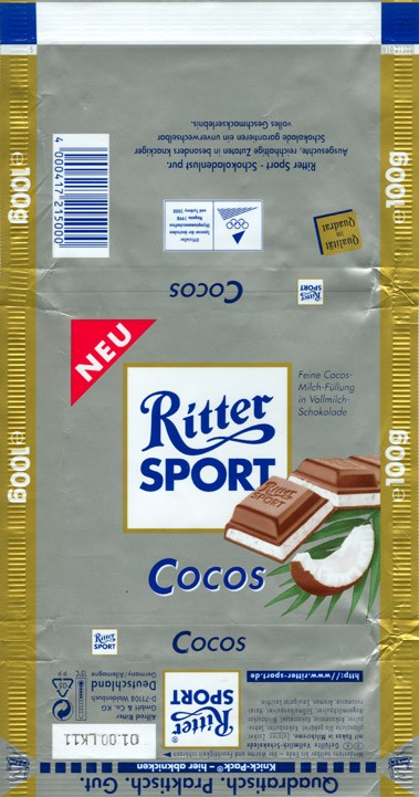 Ritter sport, cocos, milk chocolate with coconut filling, 100g, 01.1999, Alfred Ritter GmbH & Co. Waldenbuch, Germany