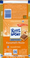 Ritter sport, milk chocolate with a filling of caramel cream, chopped hazelnuts and rice flakes, 100g, 07.2004, Alfred Ritter GmbH & Co. Waldenbuch, Germany