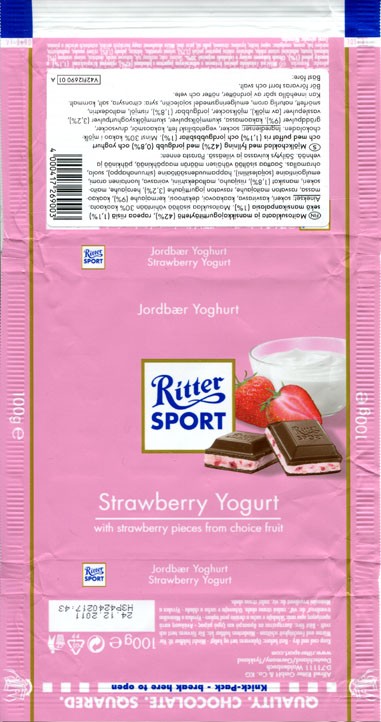 Ritter sport, milk chocolate with strawberry pieces from choice fruit, 100g, 24.12.2011, Alfred Ritter GmbH & Co. Waldenbuch, Germany