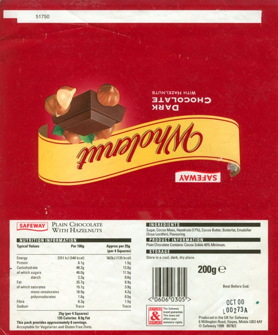 Plain chocolate with hazelnuts, 200g, 10.1999, Safeway, Hayes, UK