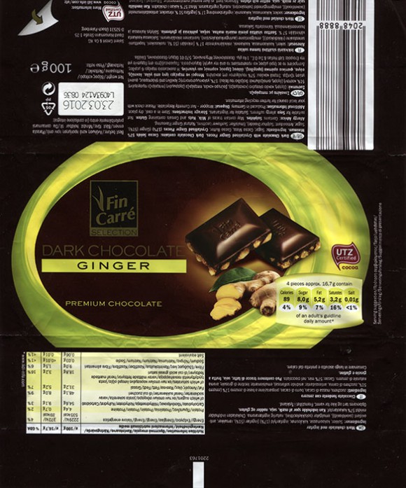 FinCarre, dark chocolate with crystallised ginger pieces, 100g, 23.03.2015, Solent GmbH & Co. KG., Ubach-Palenberg, Germany