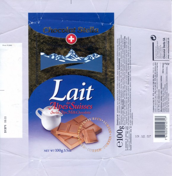 Swiss Alps Milk chocolate, 100g, 19.12.2006, Chocolat Stella SA, Giubiasco, Switzerland