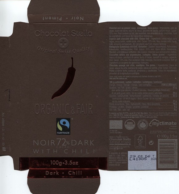 Organic dark chocolate with chili, 100g, 29.01.2015, Chocolat Stella SA, Giubiasco, Switzerland 