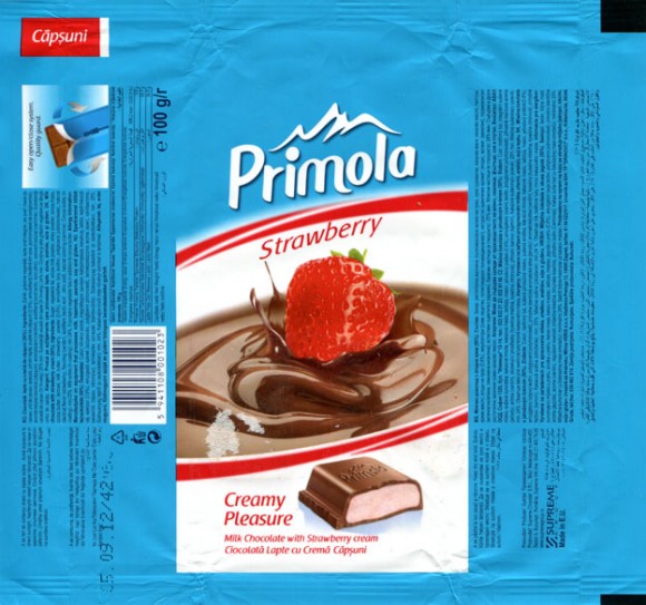 Primola, milk chocolate with srtawberry cream, 100g, 05.09.2011, Supreme Chocolat S.R.L., Bucharest, Romania