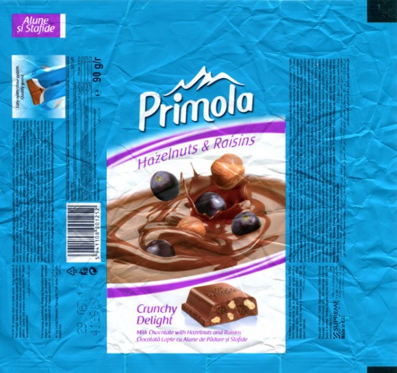 Primola, milk chocolate with hazelnuts and raisins, 90g, 29.05.2011, Supreme Chocolat S.R.L., Bucharest, Romania