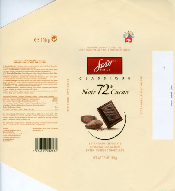 Classique extra dark chocolate 72%, 100g, Swiss Delice ltd, Chocolat Frey AG, Buchs, Switzerland