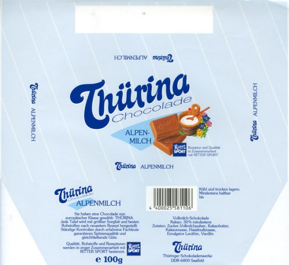 Thurina chocolade, milk chocolate, 100g, 1990, Thuringer Schokoladenwerke, Saalfeld, Germany