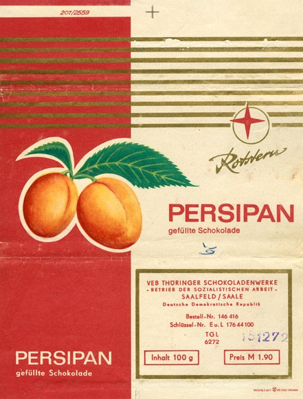 Persipan, chocolate with peach filling, 100g, 15.12.1972, Rotstern, Saalfeld/Saale, Deutsche Demokratische Republic