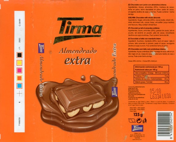 Milk chocolate with whole almonds, 125g, 05.2007, Tirma S.A, Las Palmas de Gran Canaria, Spain