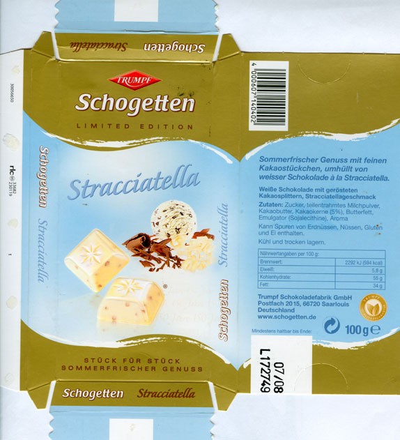 Stracciatella, Schogetten limited edition, white chocolate with cacao pieces filled, 100g, 07.2007, Trumpf Schokoladenfabrik GmbH, Saarlouis, Germany