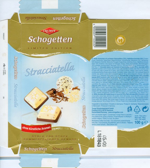 Stracciatella, white chocolate with roasted pieces of cocoa nib, plain chocolate, 100g, 05.2008, Trumpf Schokoladenfabrik GmbH, Aachen, Berlin, Germany