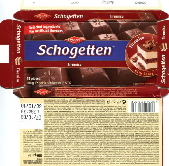 Schogetten Tiramisu, dark chocolate filled with tiramisu falvoured cream, 100g, 07.10.2009, Trumpf Schokoladenfabrik GmbH, Saarlouis, Germany