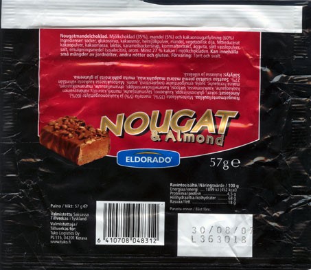 Eldorado, milk chocolate with nougat and almond, 57g, 30.08.2006, made in Germany, Tuko Logistics Oy, Kerava, Finland