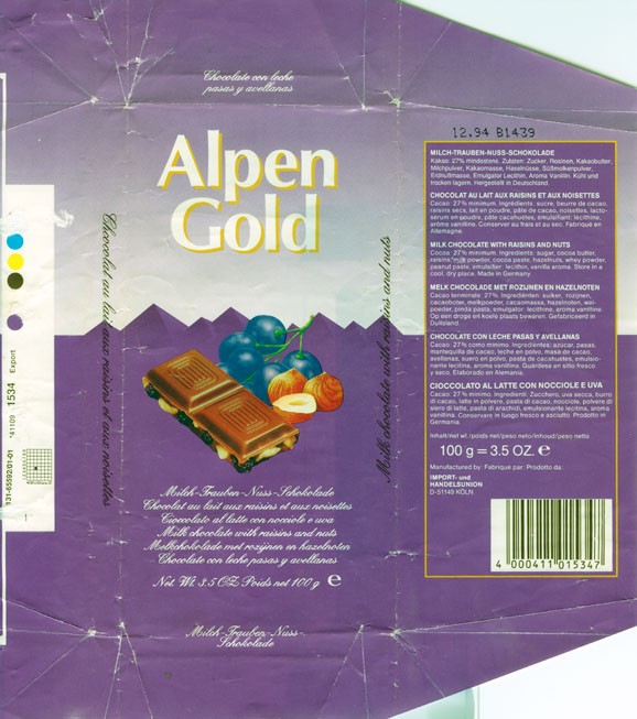 Alpen Gold, milk chocolate with raisins and nuts, 100g, 12.1994
Import- und Handelsunion , D-51149 Koln
