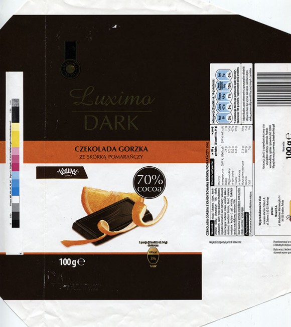 Luximo, dark chocolate with orange, 100g, about 2016, Wawel S.A., Krakow, Poland for Jeronimo Martins Polska S.A., Kostrzyn