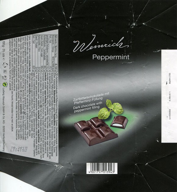 Dark chocolate with peppermint filling, 100g, 10.2014, Ludwig Weinrich GmbH, Herford, Germany